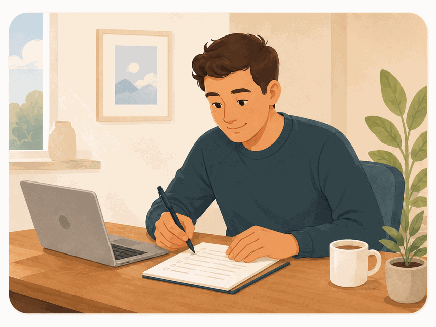 Person writing a careful letter at a desk