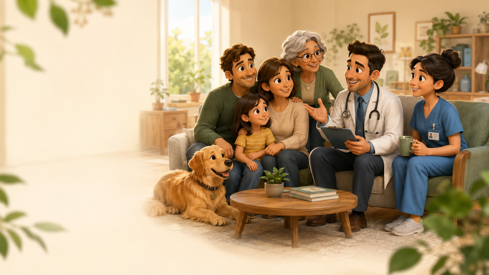 Friendly family with a doctor, nurse, older adult and pet in a calm consultation setting